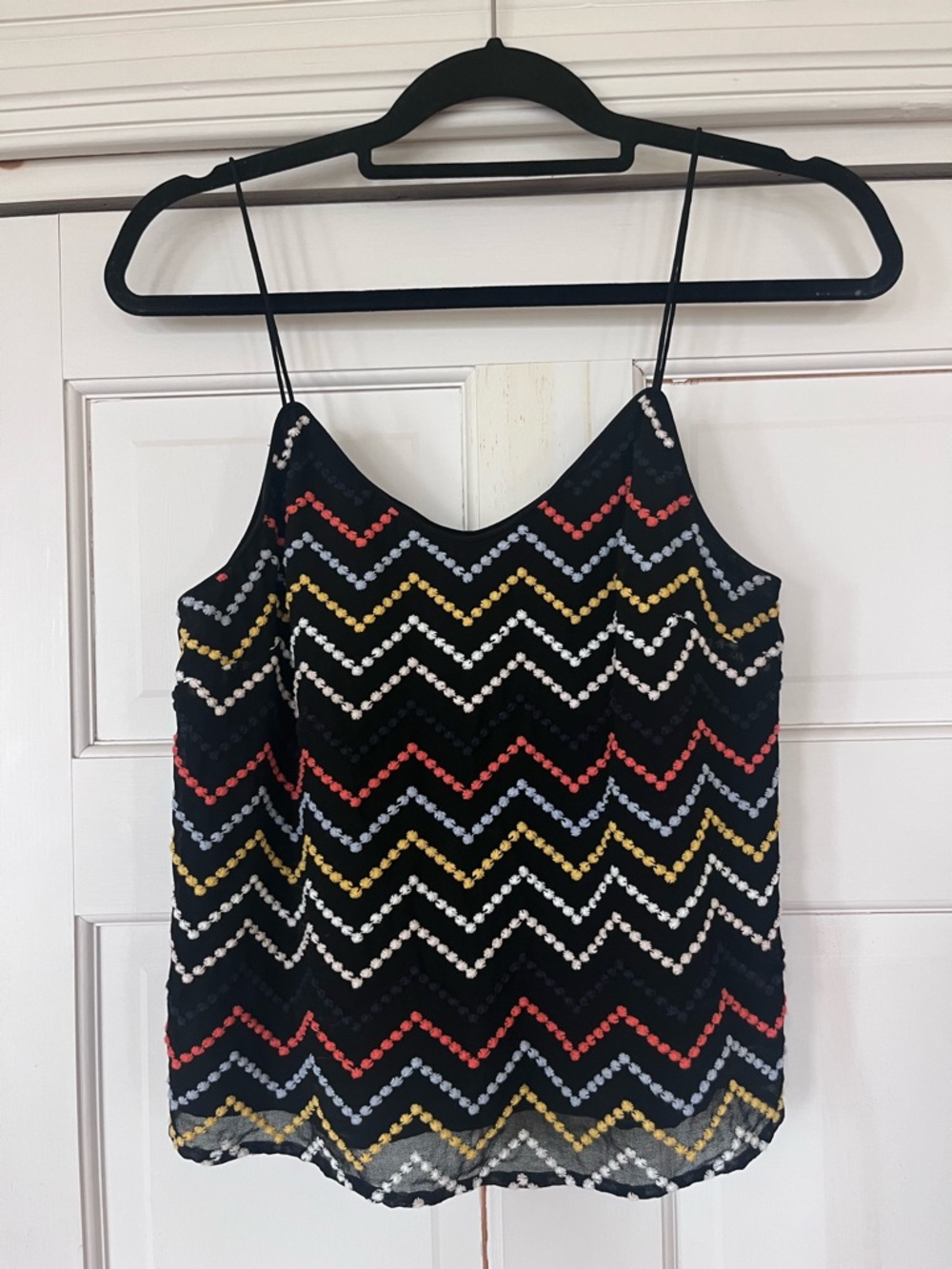 WAYF Black Spaghetti-Strap Tank Top with Embroidered Chevron Patrern